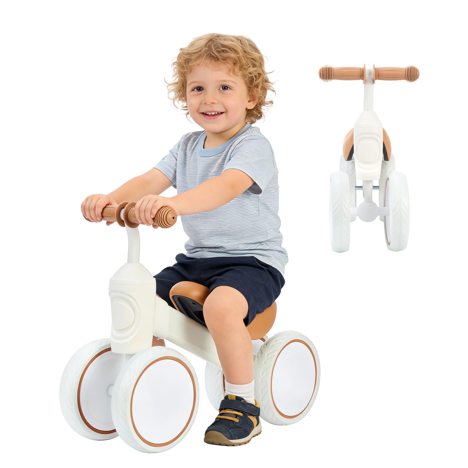 LN COZY CORNE Baby Balance Bike for 1-2 Year Old Boys Girls Toddlers, Lightweight Baby Balance Bike with 135° Steering Limiter, 4 Wheels Infant Bik (White-brown)