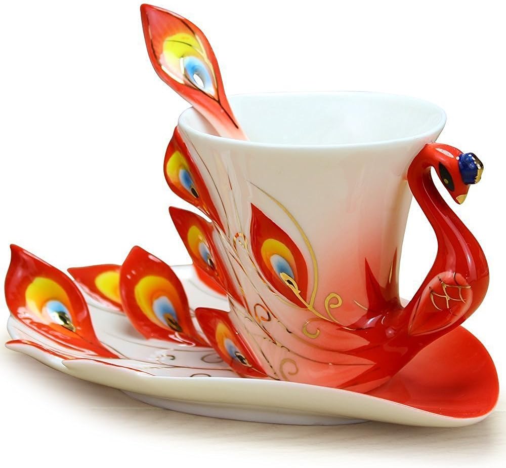 vanki 1 pc Collectable Fine Arts China Porcelain Tea Cup and Saucer Coffee Cup Peacock Theme Romantic Creative Present,Red image 3