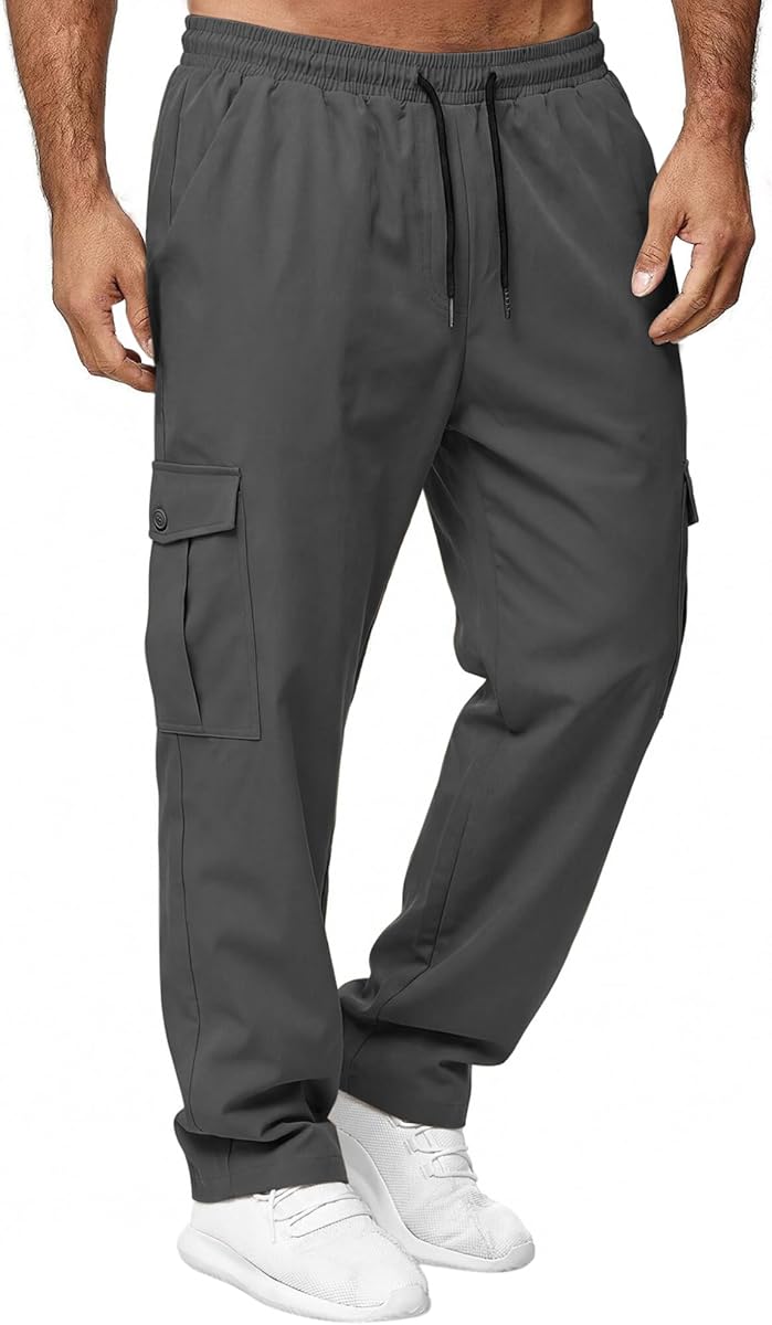 Men's Cargo Pants Stretch Sweatpants Casual Workout Joggers Elastic Drawstring Hiking Tactical Pants with Multi Pockets
