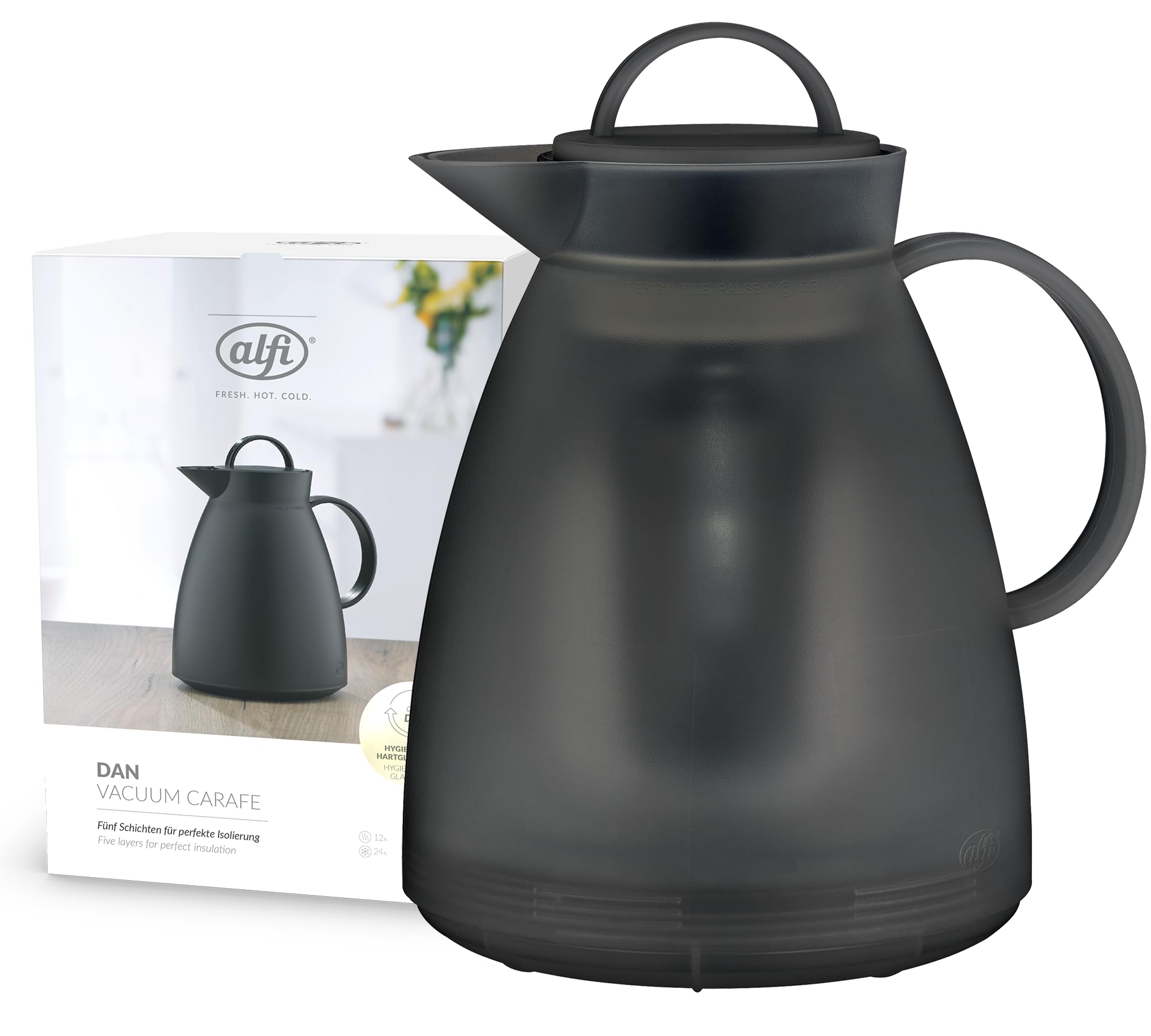 alfi DAN TEA Isolierkanne 0,94 l, 3 h heiß, mit Teesieb, smoke | Teekanne mit integriertem Filter, Thermoskanne mit absolut dichtem Drehverschluss, 6 h kalt, grau transparent