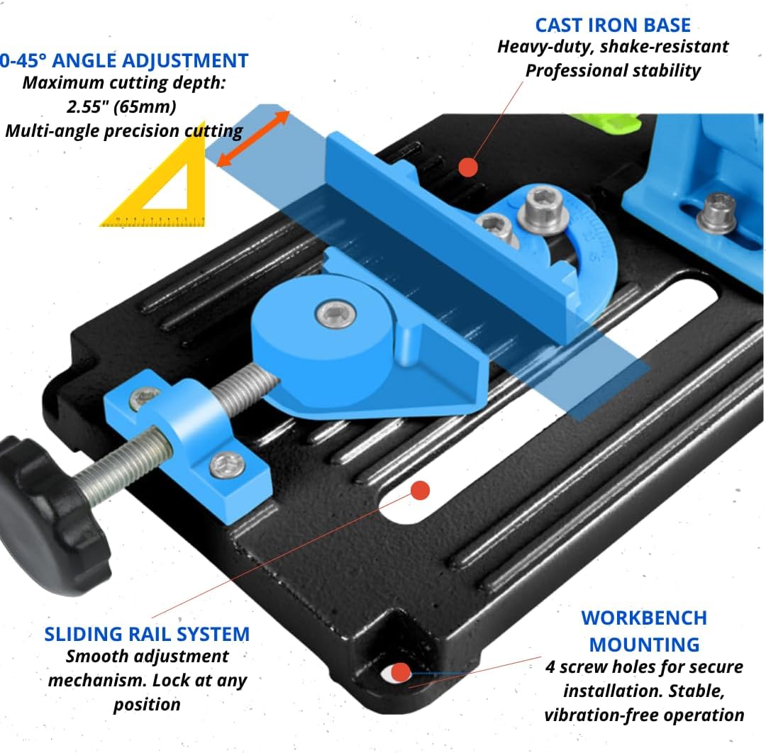 Angle Grinder Stand & Diamond Blade Set - Heavy-Duty Aluminum, 0–45 Cutting - Fits 38–48mm Grinders, Adjustable Clamp & Protective Cover - Perfect for Metal, Steel Pipe, Wood