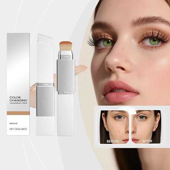 Color Changing Foundation Stick, Buildable Coverage with Collagen Complex, Full To Medium Coverage Base Makeup, Includes Detachable Brush