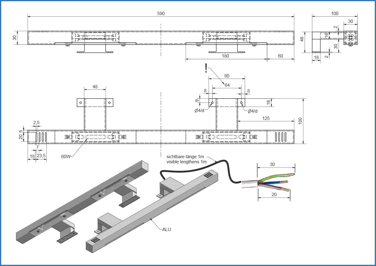 FACKELMANN Halogen-Aufsatzleuchte für Spiegel/Maße (B x H x T): ca. 59 x 2 x 10 cm/hochwertige Halogen-Leuchte aus Aluminium/Leuchte fürs Badezimmer und WC/Farbe: Silber/Energieeffizienzklasse A