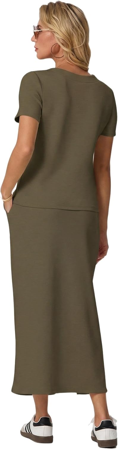 GRECERELLE Women Summer Casual 2 Piece Sets V-Neck Wrinkle-Free Top & Elastic Waist Midi Side Slit Skirt with Pockets - Image 6