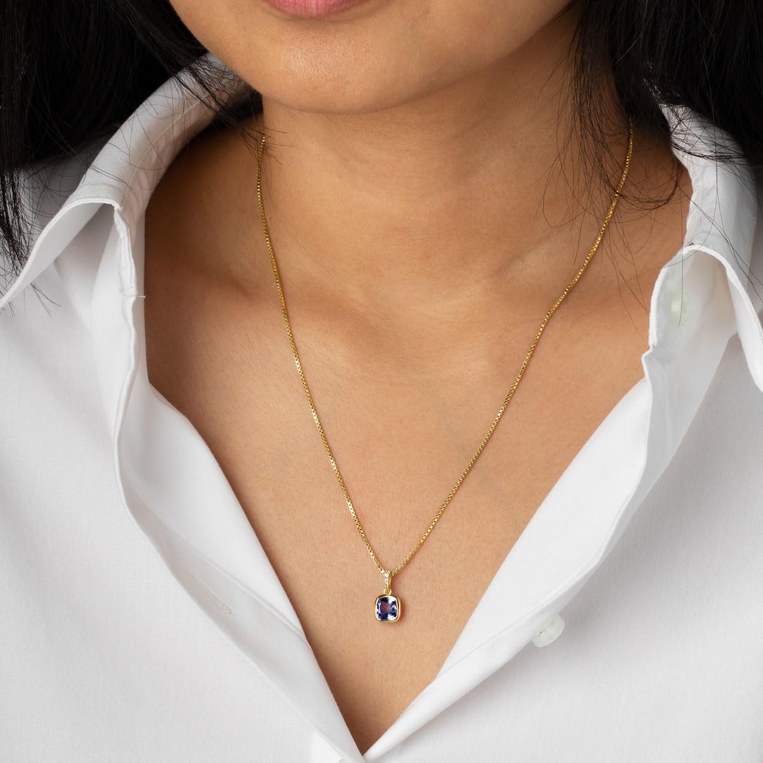 PEORA 1.50 Carats Natural Tanzanite and Lab Grown Diamond Pendant in 14K Yellow Gold, Organic Cushion Cut, Real Tanzanite Gold Necklace, Gift Idea Set, w/Jewelry Box