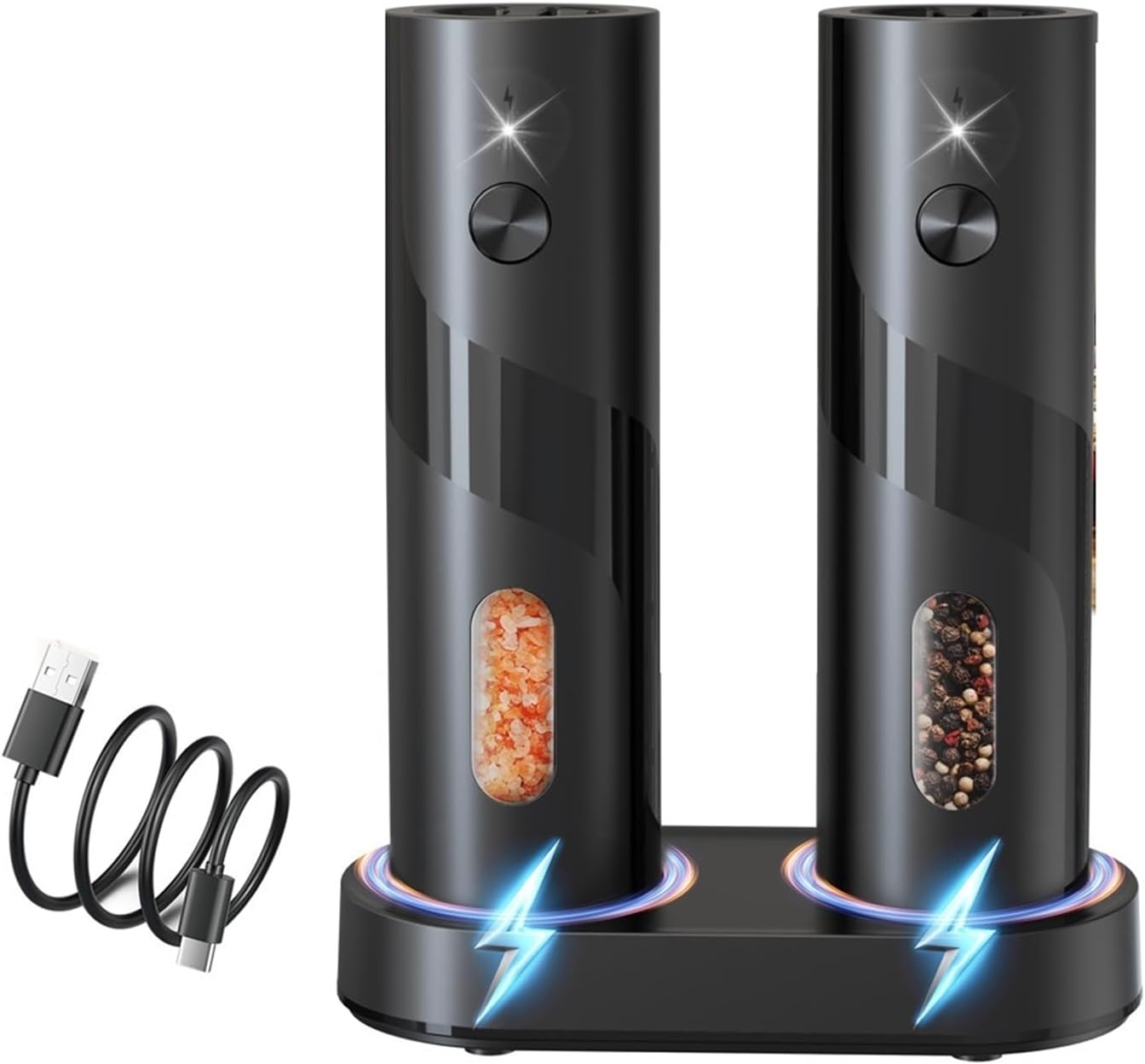 2Pcs/Set USB Rechargeable Automatic Pepper Grinder Salt And Pepper Mill Adjustable Coarseness Spice Grinder with Kitchen