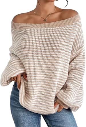Womens Oversized Striped Sweater Casual Off The Shoulder Sweater Fall Long Sleeve Loose Knit Pullover Jumper Tops