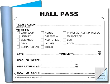 Cherry Printers Hall Pass Book | 2pt 50 (5.8 x 4.1 Inch) Passes per Book