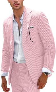 Men's Blue Seersucker Suit 2 Piece Summer Beach Wedding Groom Suit