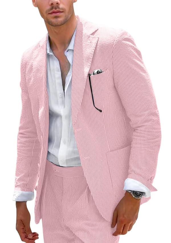 Aowdoy Men's Deep Pink Seersucker Suit 2 Piece Slim Fit Fuchsia Summer Wedding Blazer & Pants Set for Groomsmen Prom L by Aowdoy - Used condition - US$43.81