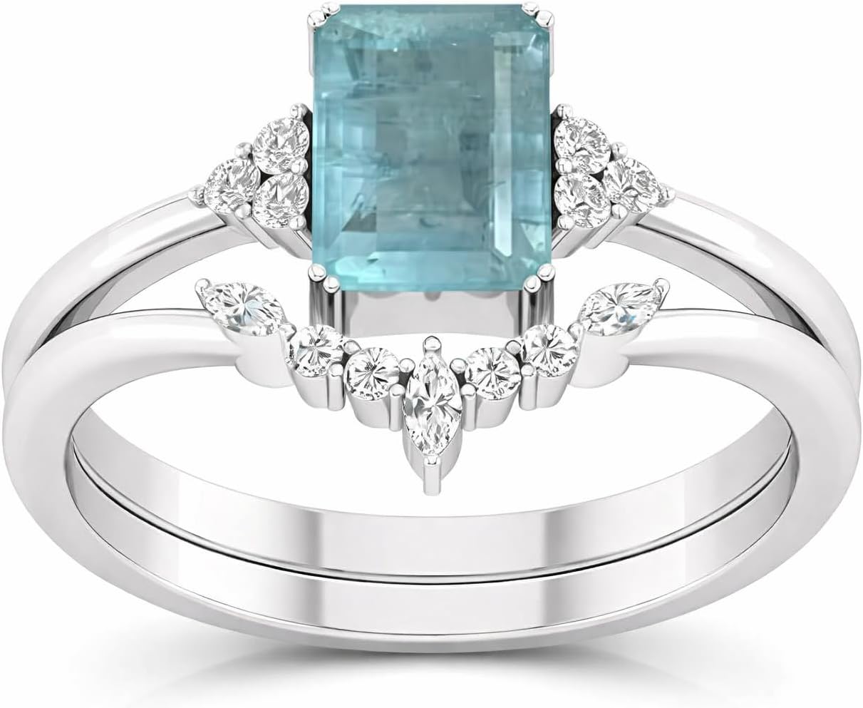 Natural Aquamarine Ring 1.30 Carat 8x10MM Octagonal Cut Certified Gemstone 925 Sterling Silver Birthstone Ring for Women