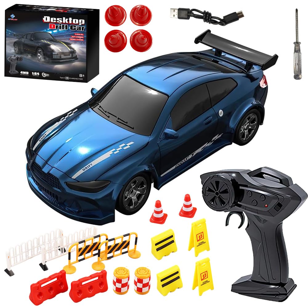 YANGUN Mini RC Drift Car, 1:64 Remote Control Car, RC Cars with LED Light 15KM/H High Speed 4WD 2.4GHz, Rechargeable, With roadblocks, Drift and Race, Children's Gifts and Toys