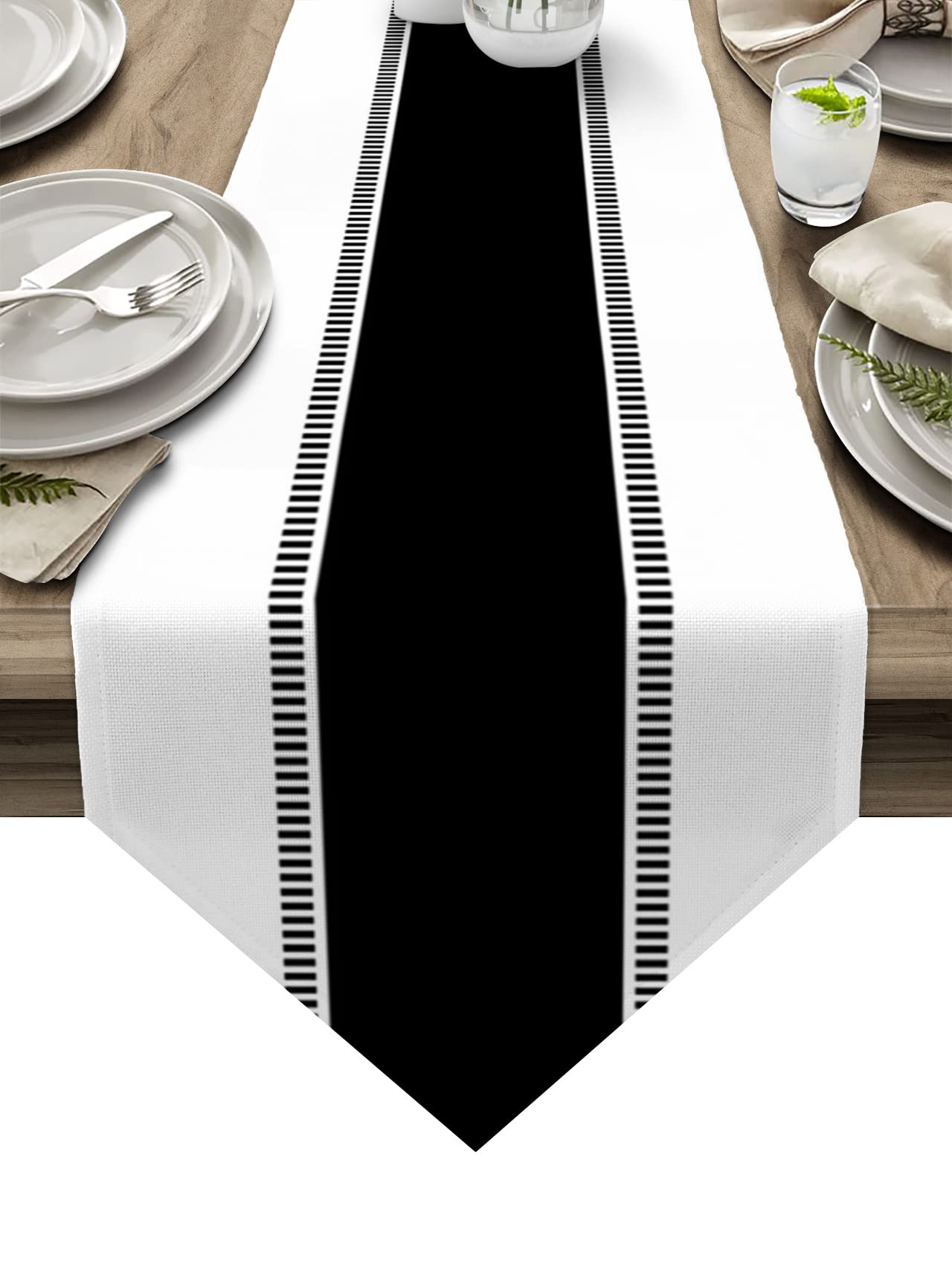 Black White Table Runner 108 inches Long for Kitchen Dining Table Summer Solid Color Stripe Coffee Table Runner for Living Room Cotton Linen Farmhouse Runners for Party Dresser Scarves Decor 13x108in