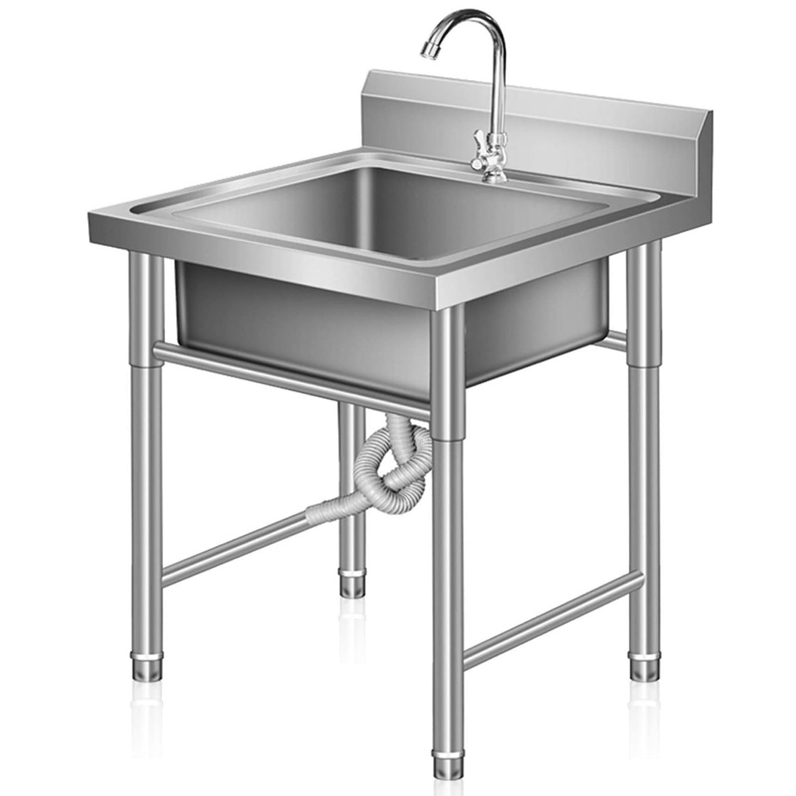 Lavello di Servizio in Acciaio Inox autoportante a Vasca Singola per Uso Commerciale, ristoranti e cucine, con Tubo dell'Acqua Fredda e Vasca per Lavanderia, per Interni ed Esterni
