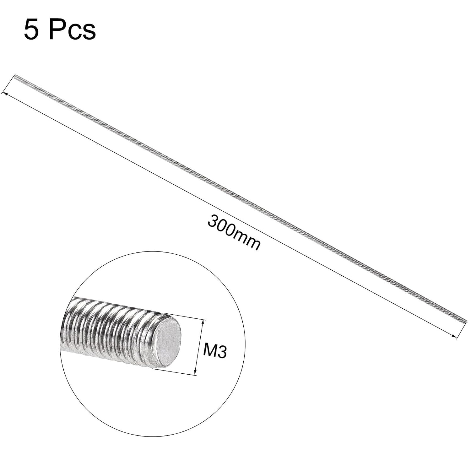 M3 x 300mm Multi-Purpose 304 Stainless Steel Fully Threaded Rod Right Hand Stud, 5 PCS