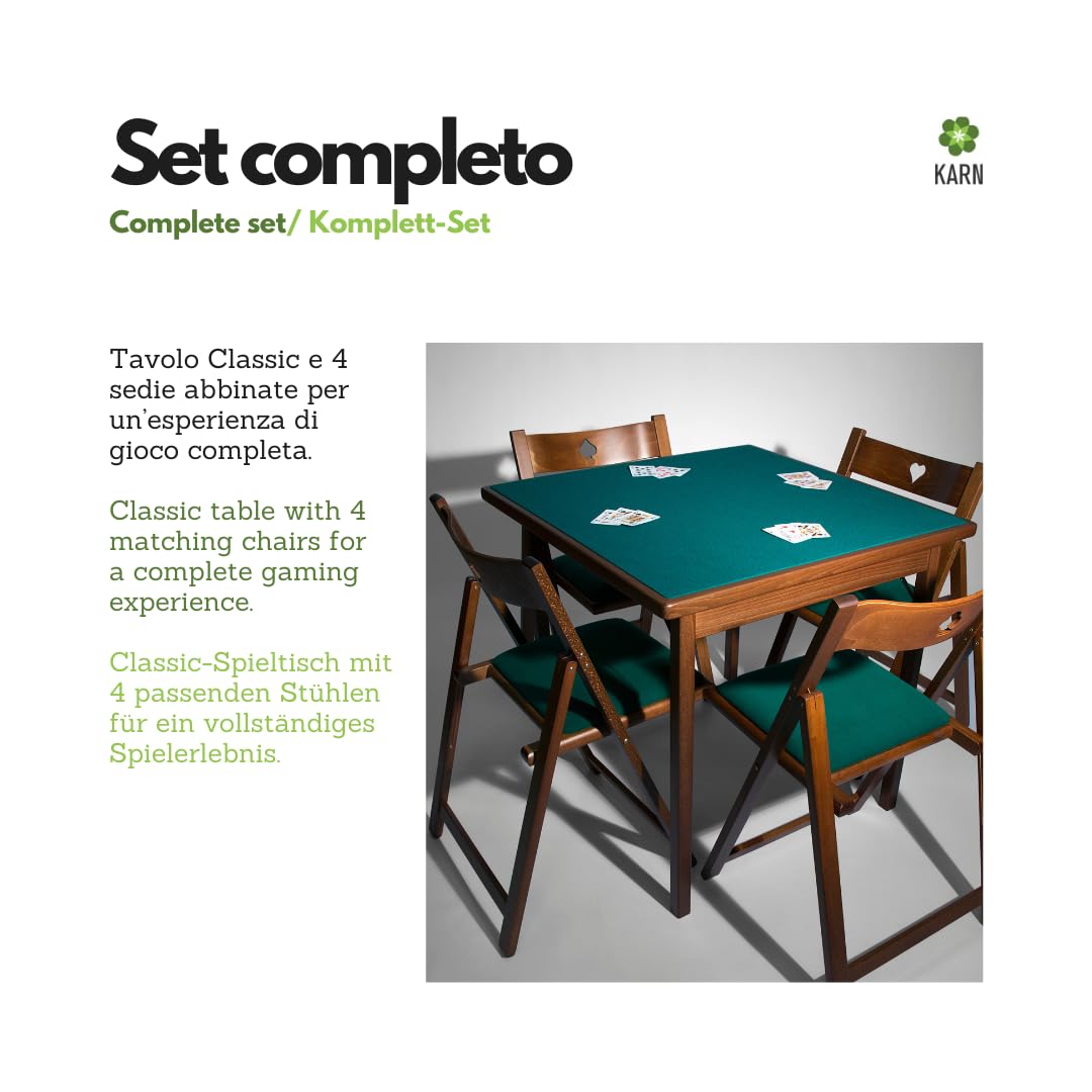 Karn Tavolo da Gioco Pieghevole Classic con 4 Sedie pieghevoli – Tavolo Carte Poker 90x90 o 80x80 cm in Legno Faggio Massello con Panno Verde – Salvaspazio Made in Italy