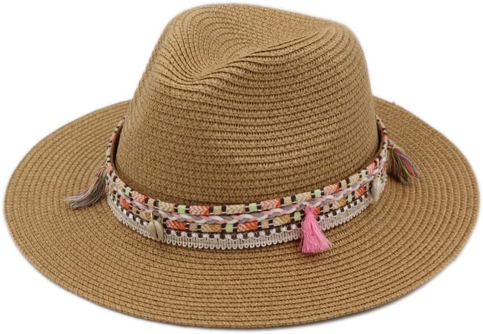 Women Wide Brim Straw Panama Hat Fedora Cap Summer Beach Sun Hat UPF50+ with Tassels Braided Belt
