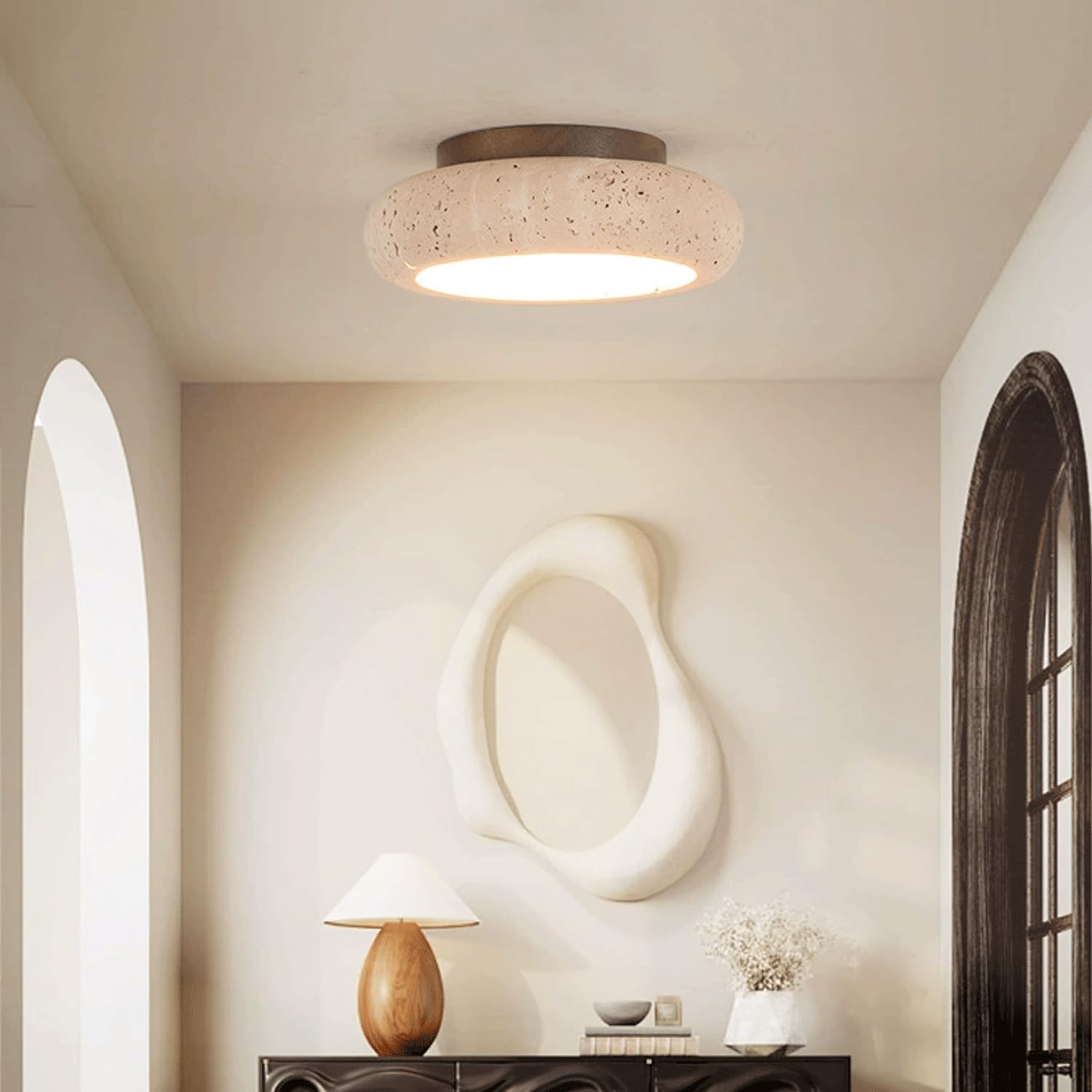 MESOVFCA Yellow Travertine Ceiling Light Fixture - Wabi Sabi Stone Flush Mount Lamp for Bedroom, Hallway, Kitchen, and More(Tricolor Light)