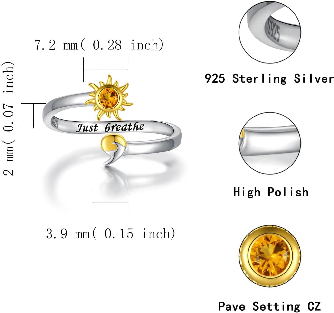 925 Sterling Silver Semicolon Ring - Gold Sun Wave Rings Engraved Keep Going Jewelry Inspirational Gifts for Women