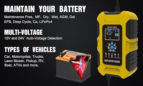 Miniatura 8 de Cargador rápido de batería de coche de 12 V/24 V y 10 amperios para baterías húmedas/GEL/SLA/LiFePO4/plomo-ácido/AGM, cargador de batería