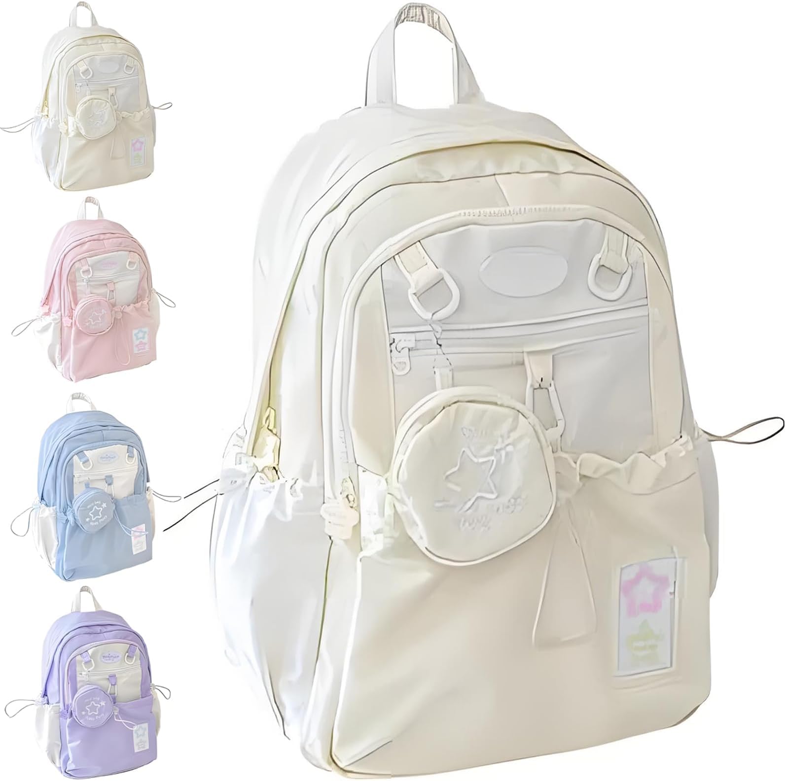 Cream Star Drawstring Backpack, Cute Kawaii Aesthetic Laptop Bag (Yellow)