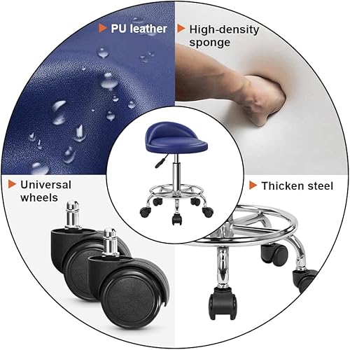 Vista 27 de KKTONER Taburete rodante redondo de cuero sintético con reposapiés, altura ajustable, giratoria, trabajo, spa, silla de tareas con ruedas (negro)