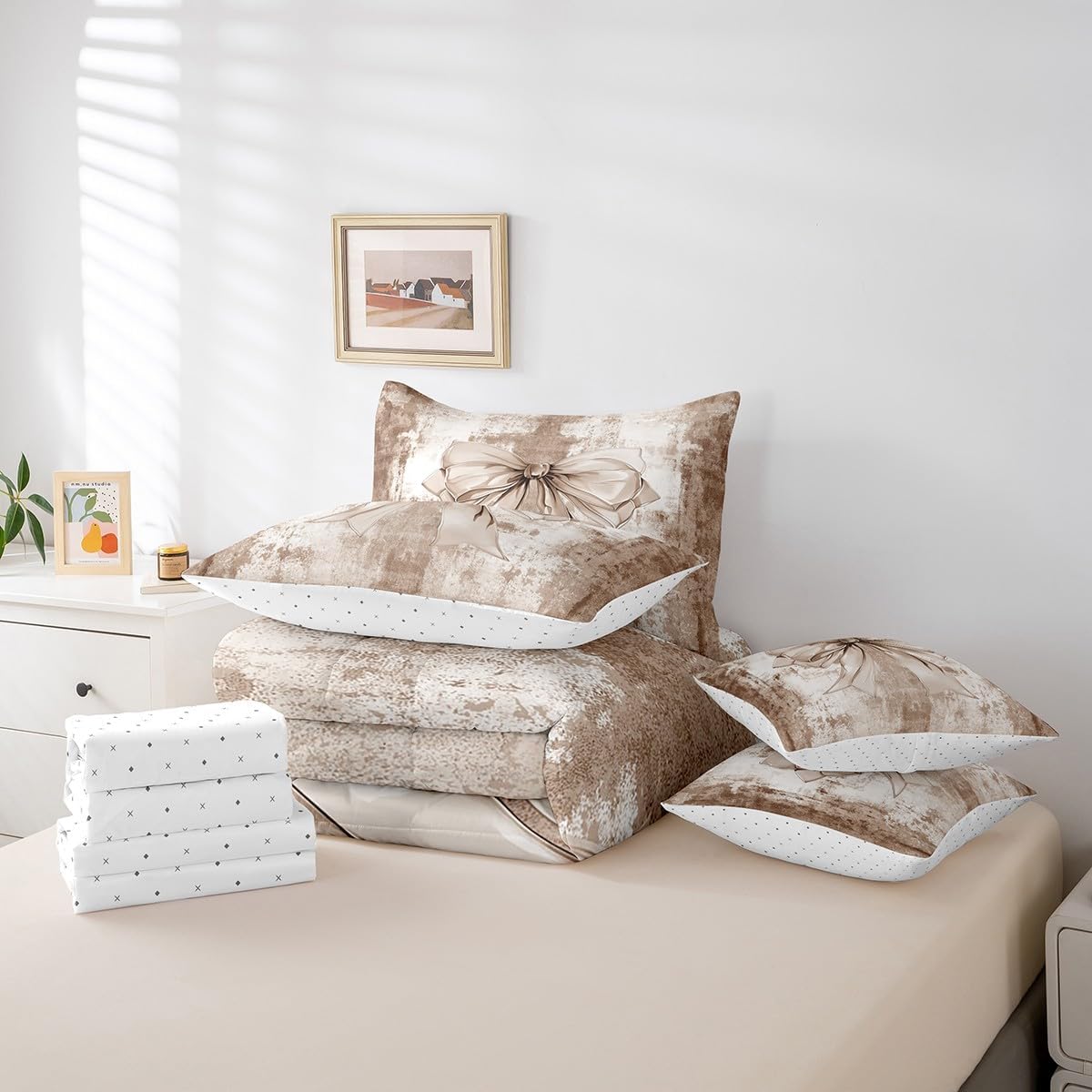 Erosebridal Rustic Farmhouse Comforter Set Twin Size,Oil Painting Style Bow Tie Bedding Set for Kids Teens,Fantasy (Comforter+Fitted+Flat Sheet+2 Pillowcases+2 Throw Pillow Covers) 7 Pieces Bed Set