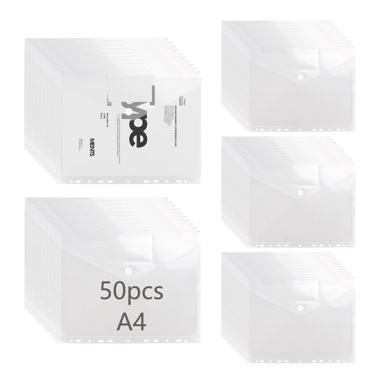 YOUNTHYE 50 Fundas de Plástico A4 Perforadas, Bolsas Transparentes para Documentos con Cierre de Velcro y Etiqueta, 11 Agujeros para Archivador, Oficina, Escuela y Viajes
