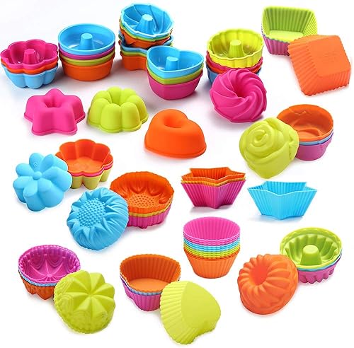 A-XINTONG - Juego de 2436 moldes de silicona para magdalenas, coloridos y reutilizables, de 69 formas, moldes de silicona para magdalenas, moldes