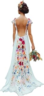 3D Flower Wedding Dresses for Bride Boho Embroidered Chiffon Cap Sleeve V Neck A Line Backless Bridal Gowns