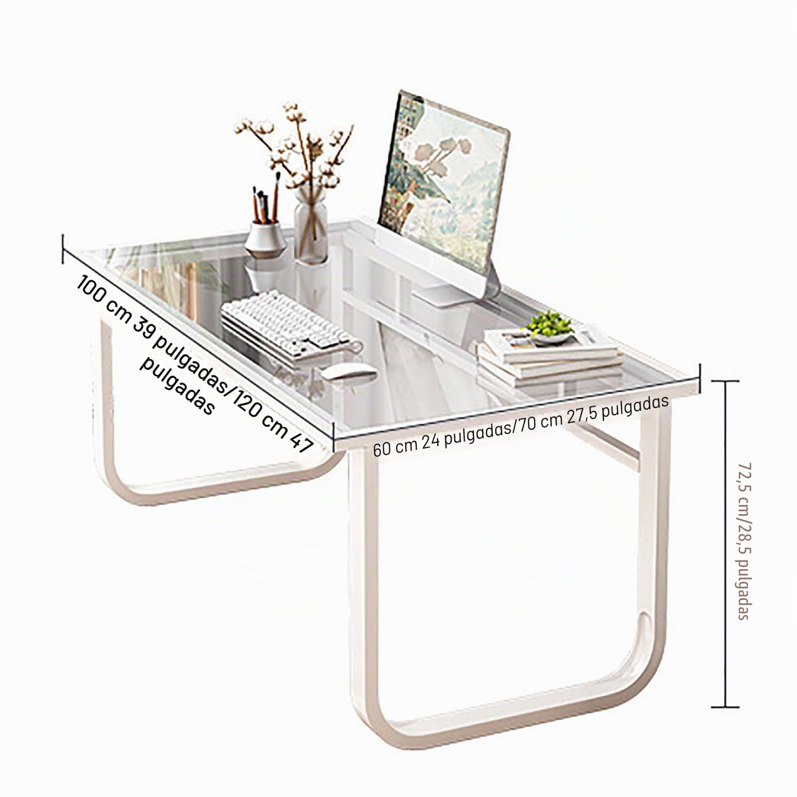 Escritorio de cristal para computadora, moderno y simple, escritorio de estudio con patas de metal, color blanco, 120 x 70 x 72 cm, perfecto para oficinas en casa y espacios pequeños, mesa de trabajo