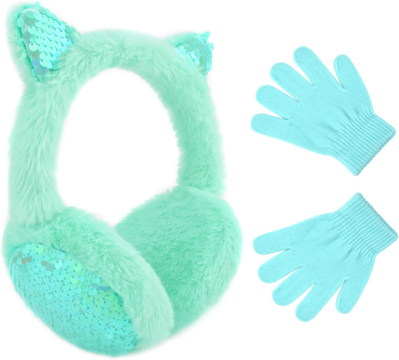 Winter Ear Muffs Gloves Set for Kids with Adjustable Sequins Shiny Fluffy Warm Earmuffs for Kids Outdoor Cold Weather