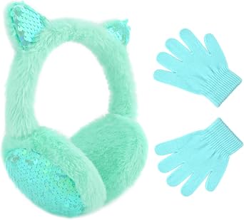 Winter Ear Muffs Gloves Set for Kids with Adjustable Sequins Shiny Fluffy Warm Earmuffs for Kids Outdoor Cold Weather