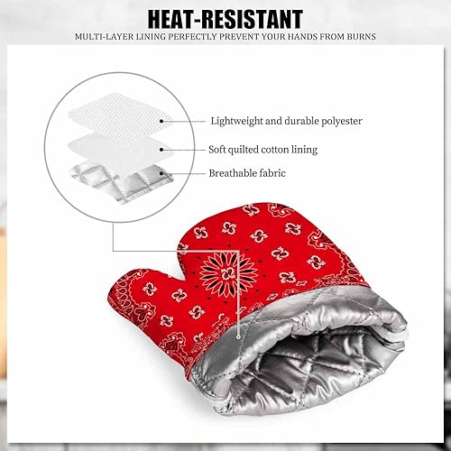 Miniatura 5 de Western Paisley - Juego de guantes de horno de silicona y soportes para ollas, bandana, patrón sin costuras con adornos rojos y blancos, guantes de