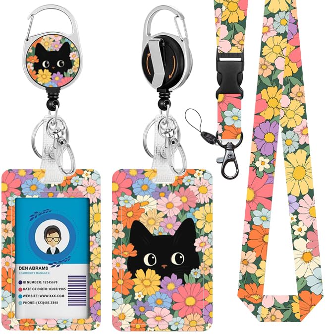 Cat Flower Lanyard with Card Holder, ID Badge Holder with Retractable Reel Clip, Cute Flower Card with Name Tag, Vertical ID Cover Case for Nurse Teacher Student