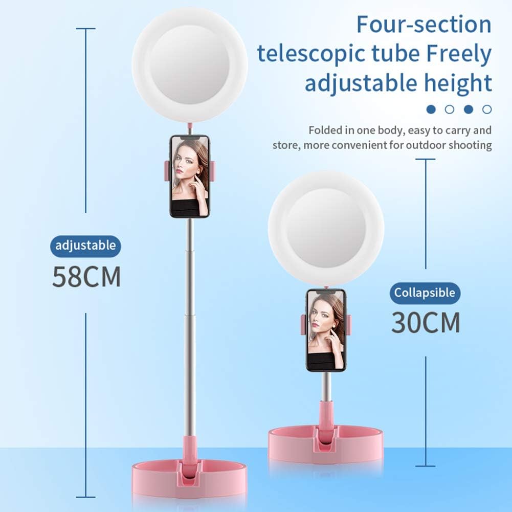 NeotrixQI Selfie Ring Light with Phone Holder, Foldable LED Desk Lamp Dimmable Phone Make Up Ringlight Stand Extendable Makeup Mirror TIK Tok YouTube Video Vlog Recording Photography Tiktok Live Stream (Pink) (G3)