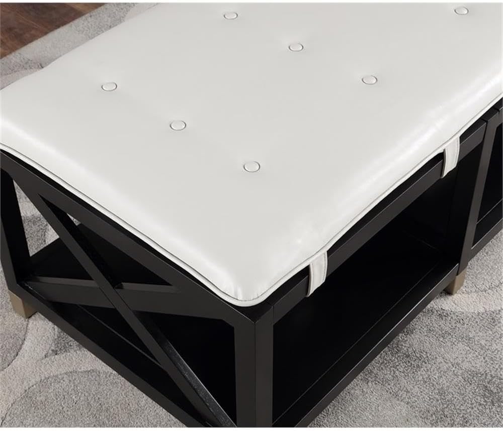 BOWERY HILL Wood Bench with Removable Cream Cushion, 48.5" Wide, Black Finish, Solid Rubberwood Frame, Button-Tufted Faux Leather Seat, Farmhouse Style, Entryway, Living Room or Bedroom Use
