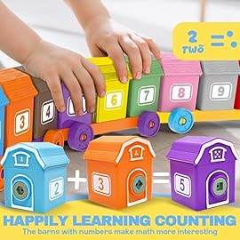 BOLZRA Farm Animals Train Toy for Toddlers 1 2 3 4 Years Old, Counting, Matching, Sorting Montessori Learning Toy with 11 Finger Puppets, Keys, Barns, Educational Christmas Birthday Gift for Kids