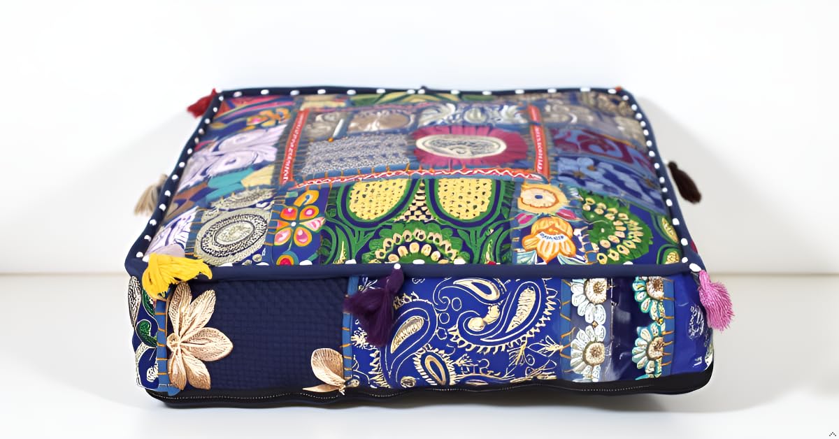 CRAFT KALA Indian Square Patchwork Traditional Pouf Cover Indian Living Room Poufs Decorative Embroidered Designer Ottoman Home Living Footstool Chair