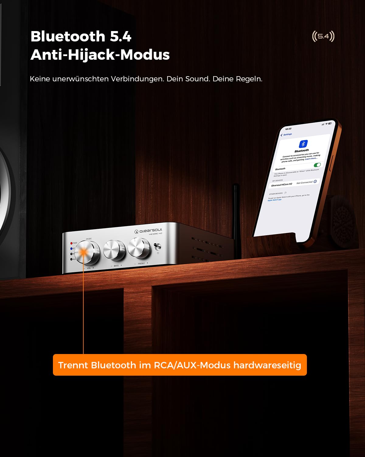 Qlearsoul HiCore H2 Bluetooth 5.4 HiFi-Stereo-Verstärker — TI TPA3255 Klasse D, 100 W x2 (@ 4Ω) Nennausgang, Anti-Hijack BT-Modus, RCA/AUX/BT 3-Eingangs-Hub für passive Lautsprecher, inklusive 30V
