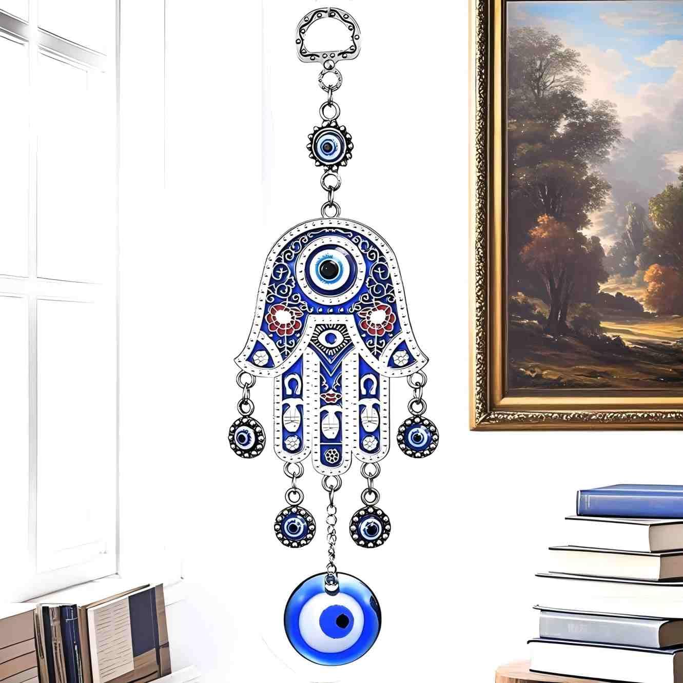 Belacasa 1Pc Fatima's - Blue Creative Handmade Evil Eye Fatima's Holy Hand And Horseshoe Evil Eye Talisman Pendant Decoration, Good Luck Charm, Office, Car Decoration, Blessing Ornament (1Pc Fatima's - Blue)