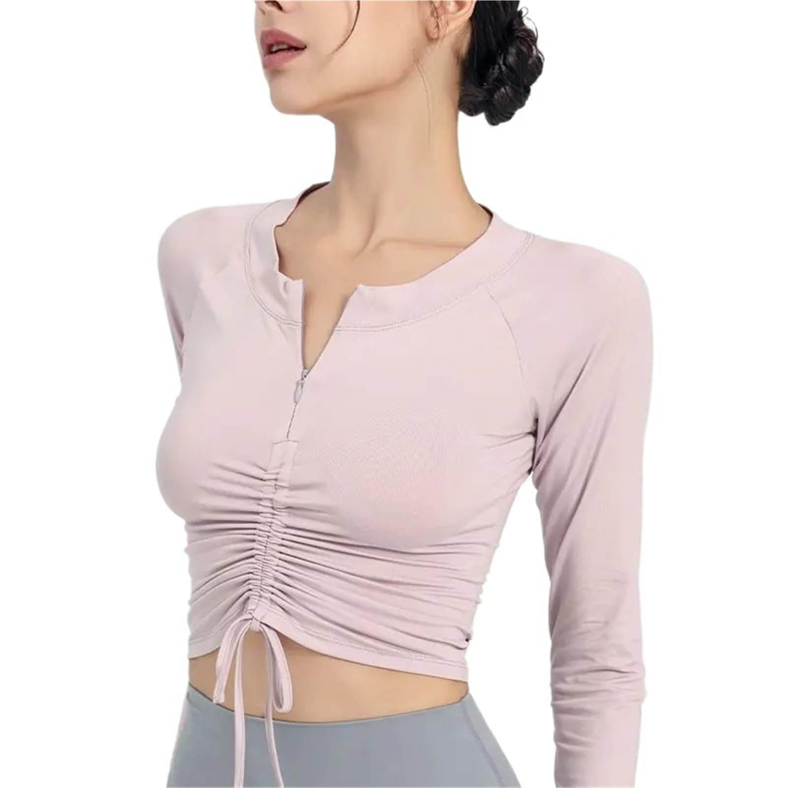 Camicia a Maniche Lunghe Semi Zip con Coulisse Frontale Top da Yoga Donna Sport Activewear Top da Corsa for Fitness Camicetta Femminile Palestra da Donna per Sport Casual