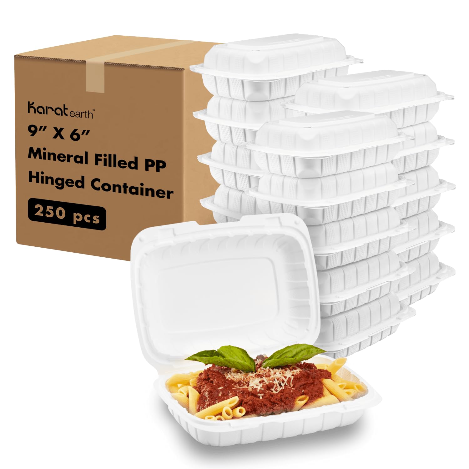 KARAT EARTH Clamshell Take Out Food Containers [9"x6" - 250 ct] To Go Containers | Microwavable, Freezer Safe, Soak-Resistant, Durable, Stackable |