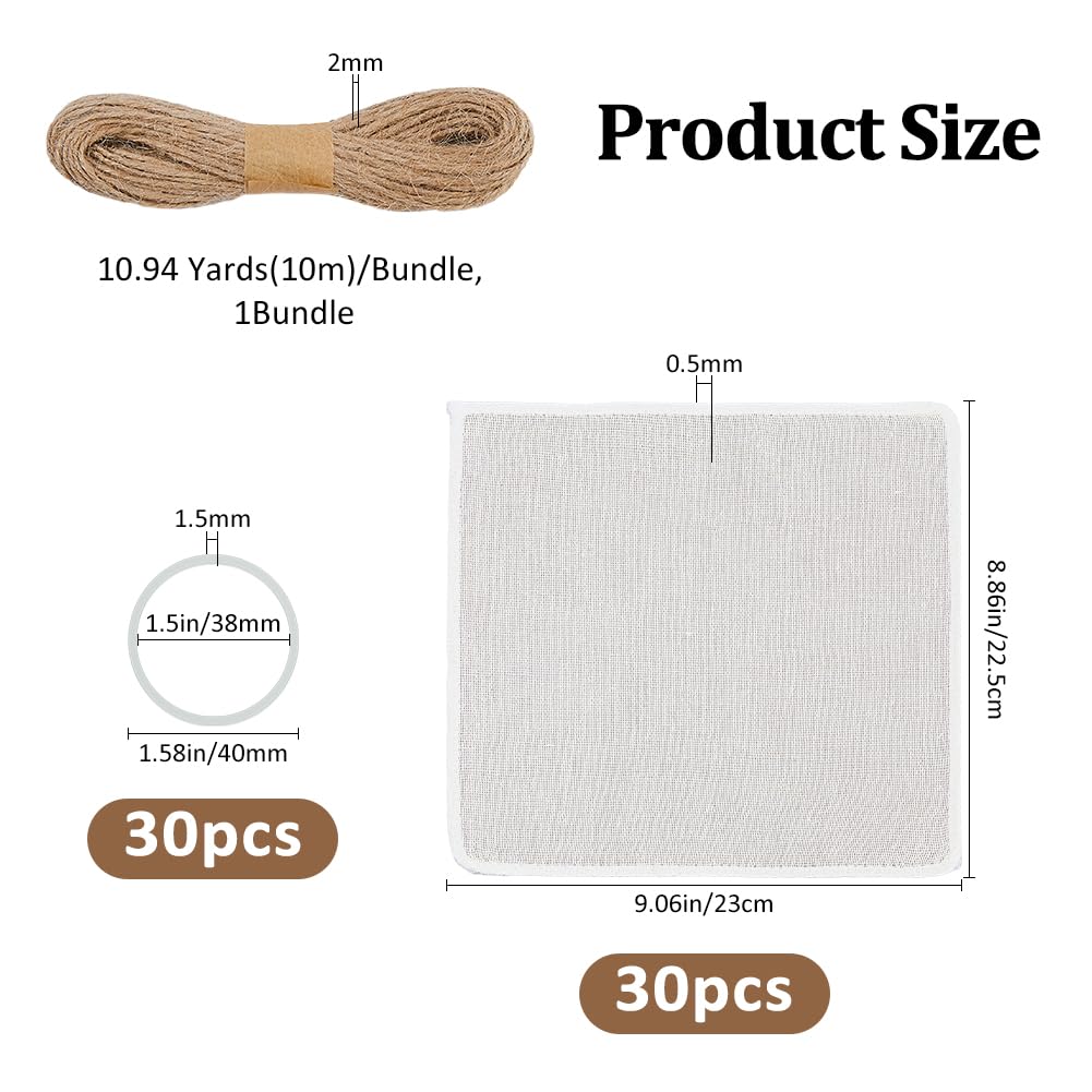 SUPERFINDINGS Confezione da 30 Coperture in Tessuto per Barattoli da 23 cm in Musselina Non Sbiancata, Coperture Quadrate con 30 Elastici e 10m di Corda di Giuta