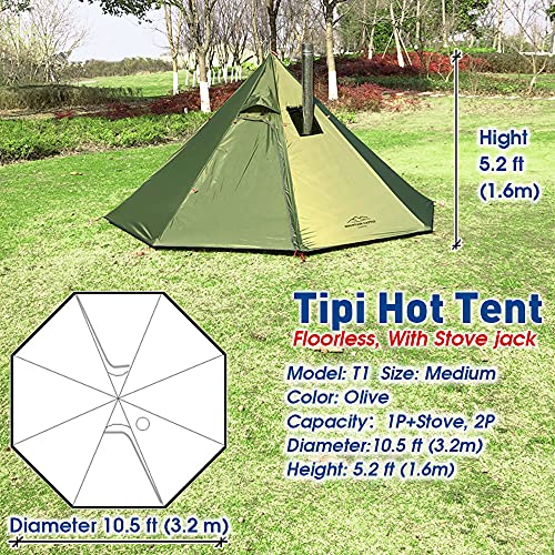 Image of Preself Upgraded 3 Person Lightweight Tipi Hot Tent with Fire Retardant Stove Jack for Flue Pipes Teepee Tents for Family Team Outdoor Backpacking Camping Hiking (Olive)