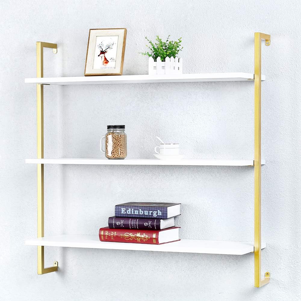 OLDRAINBOW Industrial Metal and Wood Wall Shelf,Floating Wood Shelves Wall Mounted,36in Iron Real Wood Book Shelves,Wall Shelves 3 Tier Bookshelf Shelving 36in 3-layer