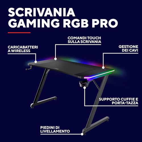 Trust Gaming GXT 710 Luminus Pro Scrivania Gaming 120x60 con Led Rgb, Caricatore Wireless Integrato da 10W, 10 Modalità di Colore, Postazione Gaming Con Portabicchiere, Gancio Per Cuffie, Nero - Immagine 2