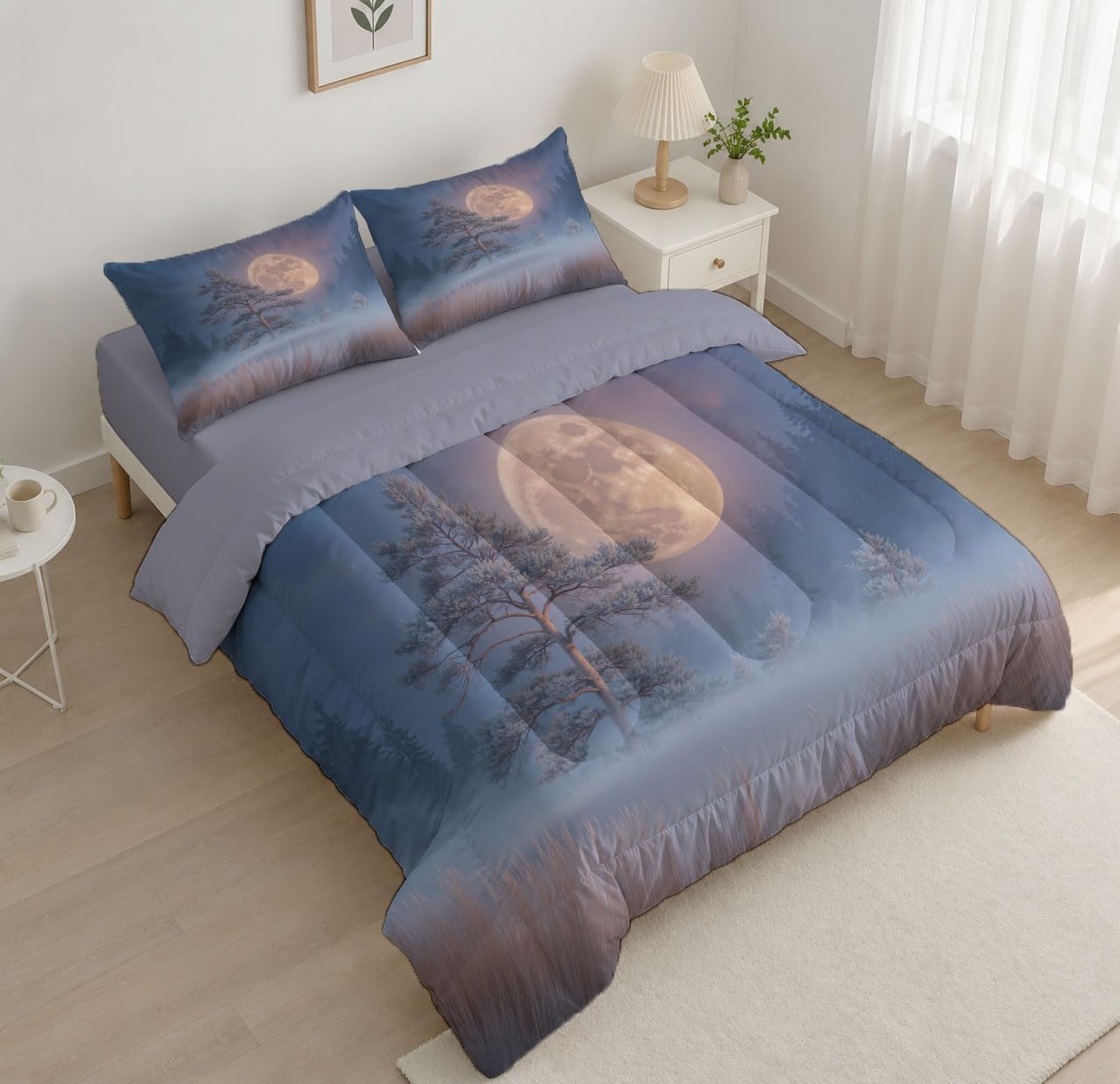 3 Piece Quilts Queen Size Bedding Set, Light Purple Lightweight Bedspread, Soft Microfiber, Moon Plants Pattern for All Season Bed Coverlet with 2 Pillow Shams, 90"X90"