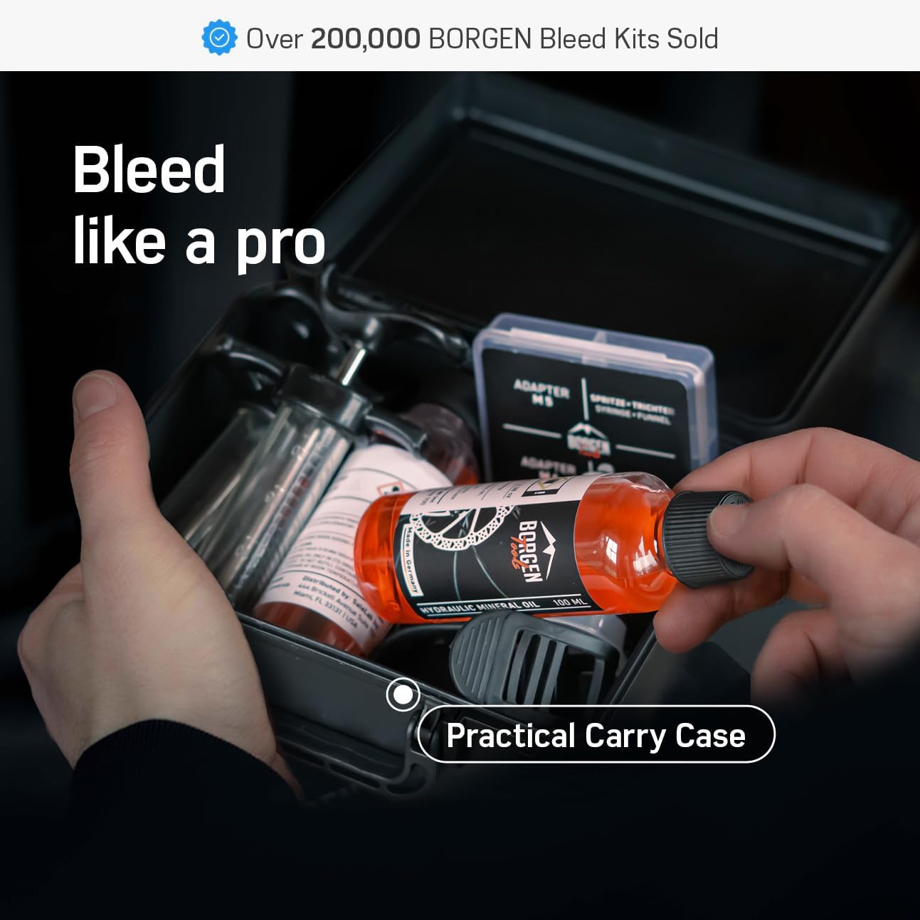 Borgen Brake Bleed Kit PRO for Shimano, Tektro & TRP Hydraulic Disc Brakes – Bike Bleed Kit with Video Guide- Incl. 2X Mineral Oil Brake Fluid – Bike Tool Kit for Brake Bleeding