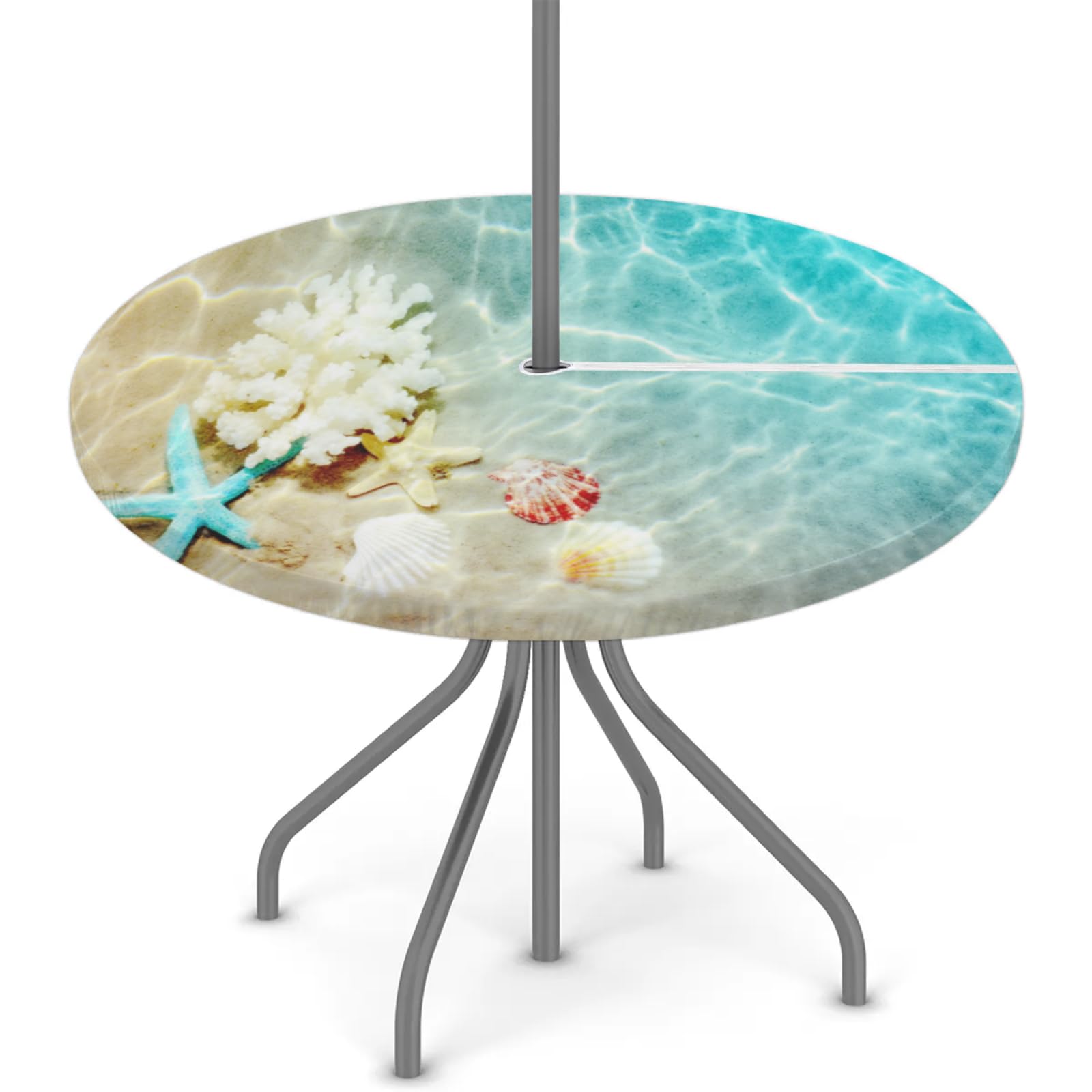 cfpolar Starfish Coral Beach Outdoor Round Fitted Tablecloth with Elastic Edge, Waterproof Table Cover with Umbrella Hole Table Cloth, for Party